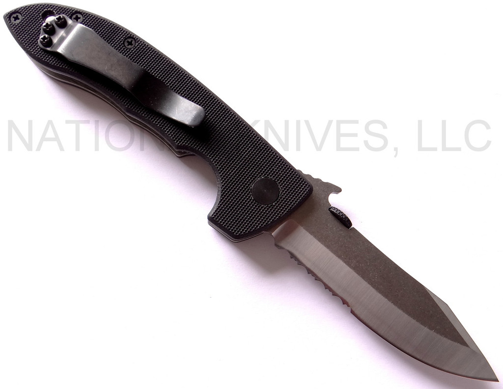 Emerson Knives Horseman SFS folding knife with thumb disk and Emerson Wave opener - shown open pocket clip side.  Satin 154CM stainless steel combo edge blade.  Black G-10 handle.  Model HRSM-SFS.
