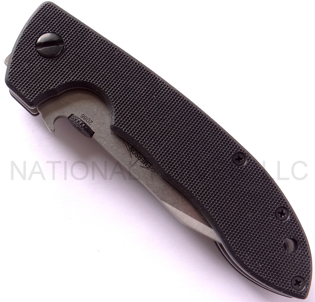 Emerson Knives Horseman SFS folding knife with thumb disk and Emerson Wave opener - shown closed presentation side.  Satin 154CM stainless steel combo edge blade.  Black G-10 handle.  Model HRSM-SFS.
