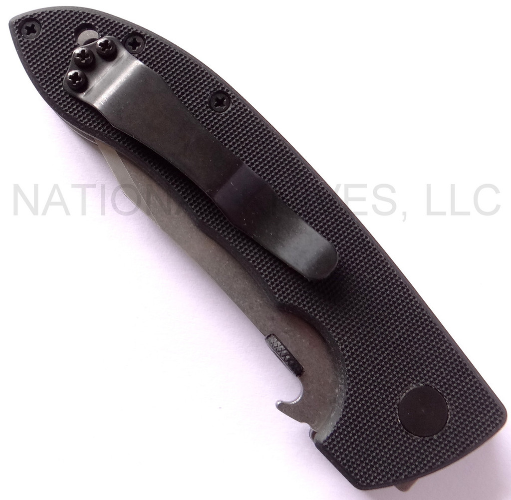Emerson Knives Horseman SFS folding knife with thumb disk and Emerson Wave opener - shown closed pocket clip side.  Satin 154CM stainless steel combo edge blade.  Black G-10 handle.  Model HRSM-SFS.