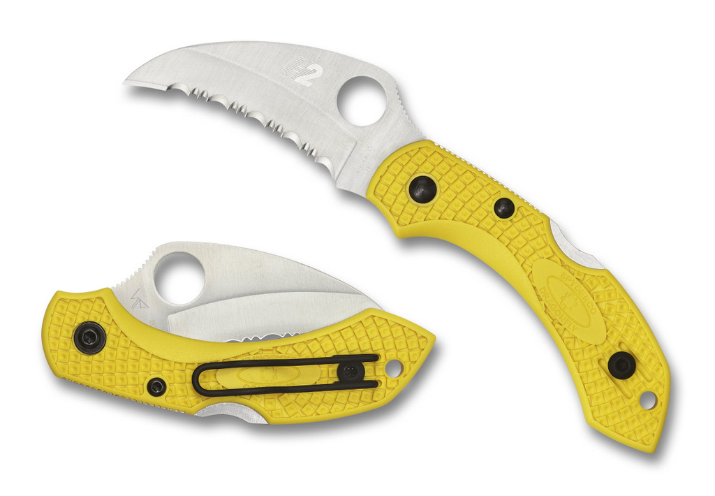 Spyderco Dragonfly 2 Salt folding knife with thumb hole - shown open presentation side and closed pocket clip side.  Satin H-2 stainless steel, hawkbill, serrated edge blade.  Yellow FRN handle.  Model C28SYL2HB.
