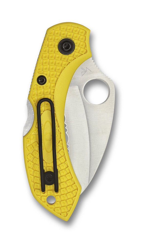Spyderco Dragonfly 2 Salt folding knife with thumb hole - shown closed pocket clip side.  Satin H-2 stainless steel, hawkbill, serrated edge blade.  Yellow FRN handle.  Model C28SYL2HB.
