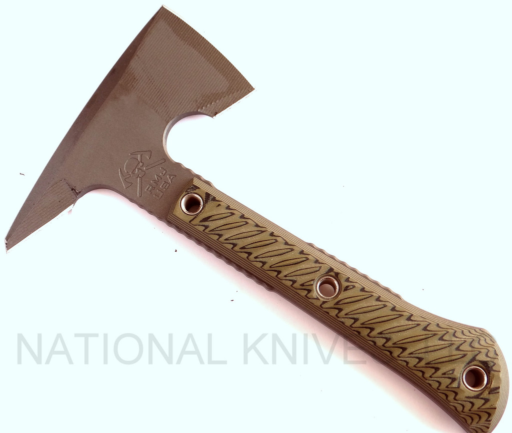 REFERENCE ONLY - RMJ Tactical Mini Jenny Tomahawk, 2.687" Forward Edge 80CRV2, Dirty Olive Handle, Sheath