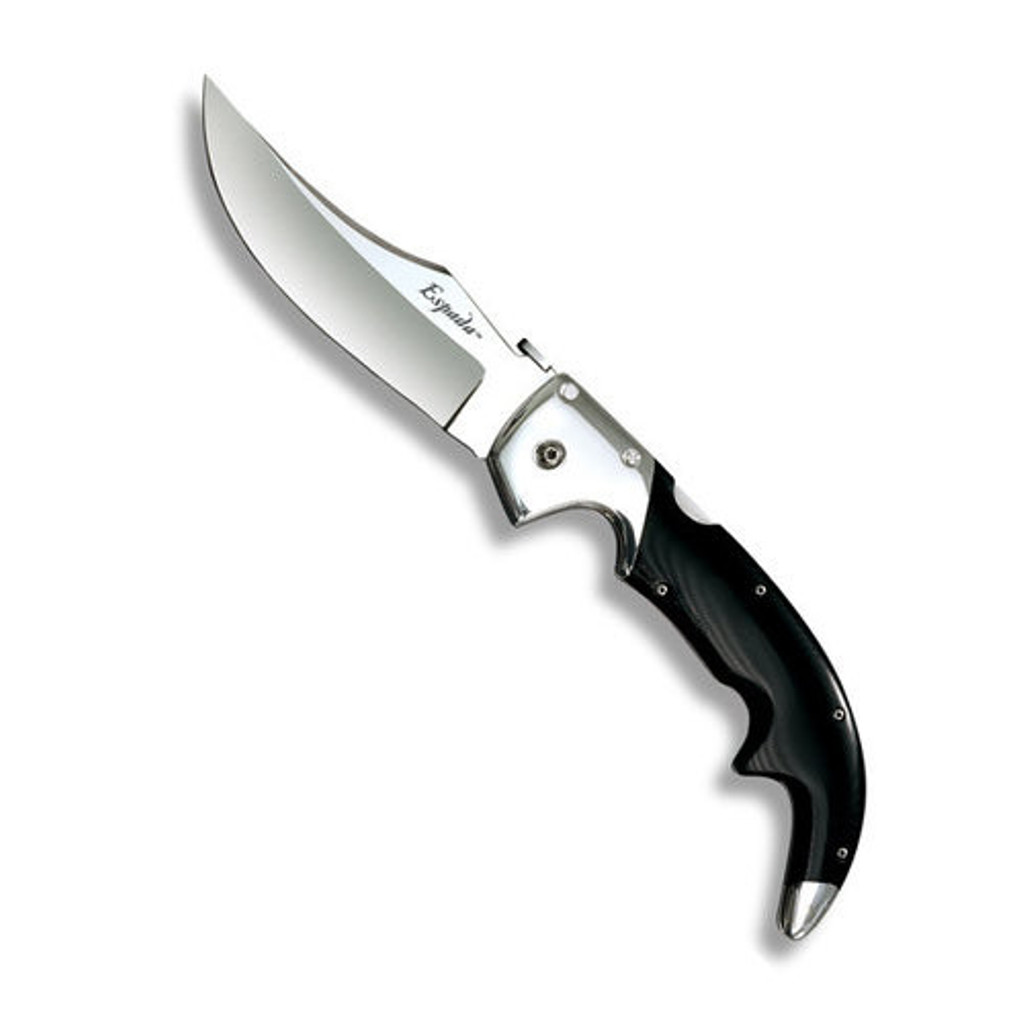 Cold Steel Espada Large folding knife with thumb disk - shown open presentation side.  Satin AUS-8A stainless steel plain edge blade.  Aluminum handle with black G-10.  Model 62NL.
For reference only.