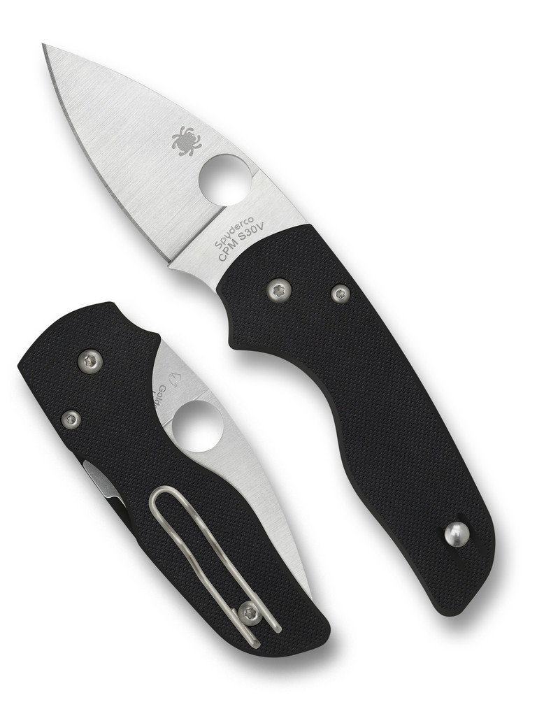 Spyderco Lil' Native folding knife with thumb hole - shown open presentation side and closed pocket clip side.  Satin S30V stainless steel plain edge blade.  Black G-10 handle.  Model C230GP.