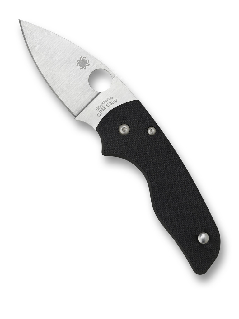 Spyderco Lil' Native folding knife with thumb hole - shown open presentation side.  Satin S30V stainless steel plain edge blade.  Black G-10 handle.  Model C230GP.