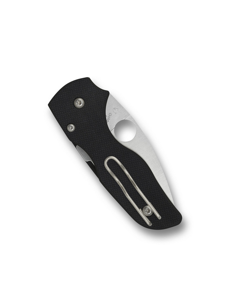 Spyderco Lil' Native folding knife with thumb hole - shown closed pocket clip side.  Satin S30V stainless steel plain edge blade.  Black G-10 handle.  Model C230GP.