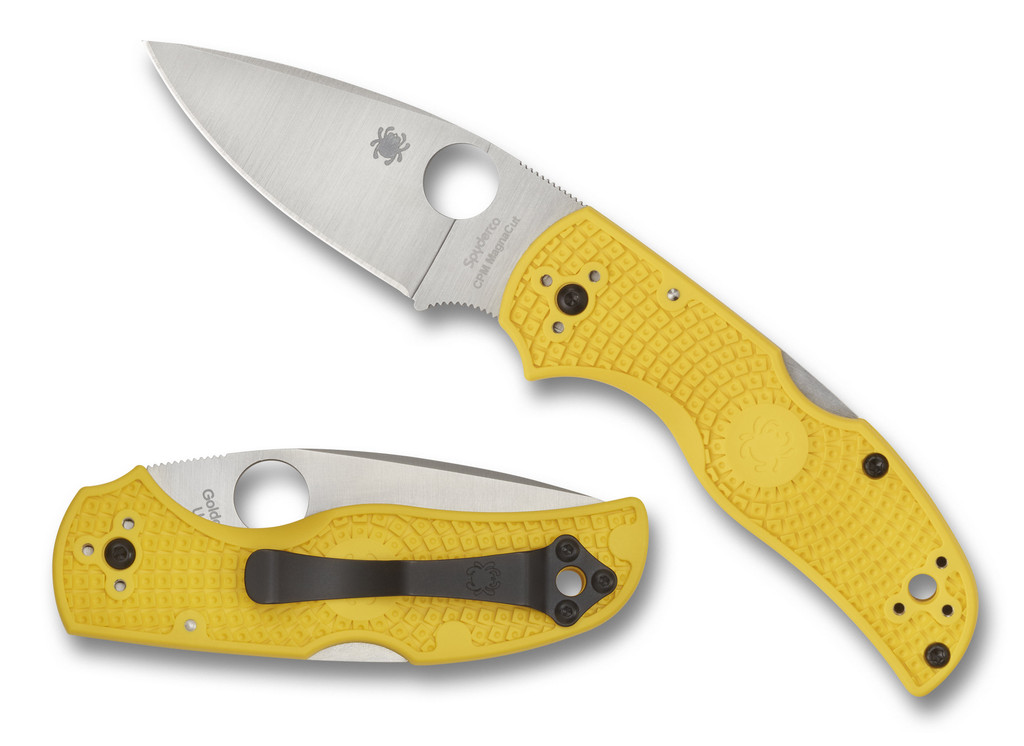 Spyderco Native 5 Salt folding knife with thumb hole - shown open presentation side and closed pocket clip side.  Satin MagnaCut stainless steel plain edge blade.  Yellow FRN handle.  Model C41PYL5.