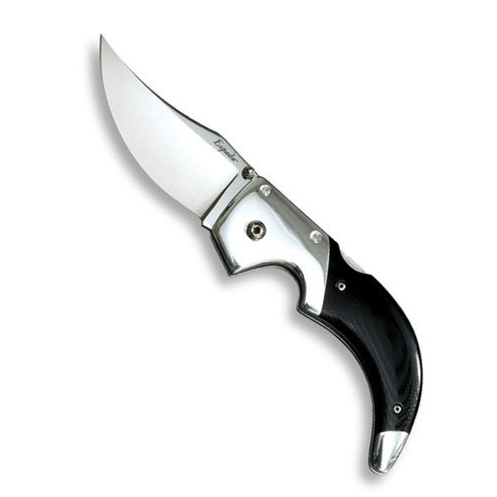 Cold Steel Espada Medium folding knife with thumb disk - shown open presentation side.  Satin AUS-8A stainless steel plain edge blade.  Aluminum handle with black G-10.  Model 62NM.
For reference only.