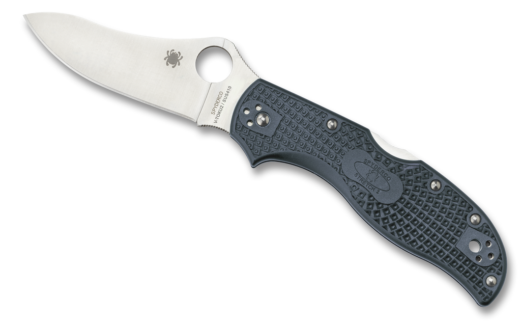 Spyderco Stretch 2 Sprint Run folding knife with thumb hole - shown open presentation side.  Satin V-Toku2 and SUS410 laminated steel plain edge blade.  Blue - Gray FRN handle.  Model C90FPBLE2.
For reference only.
