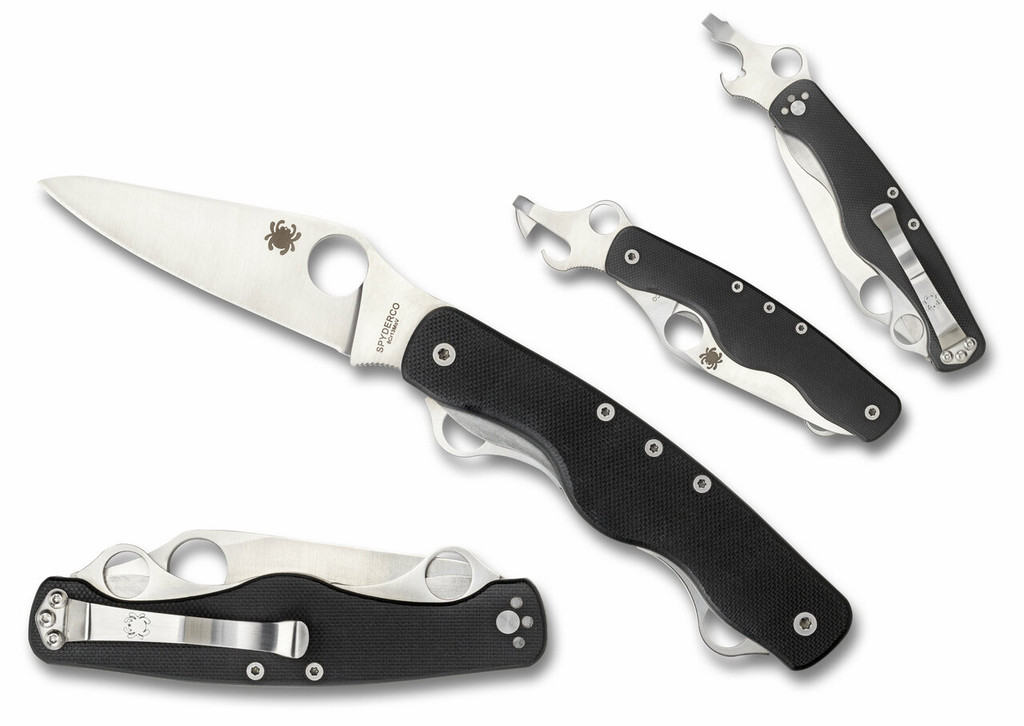 Spyderco Clipitool folding knife multitool with thumb hole - shown blade open presentation side, closed pocket clip side, bottle opener open presentation side, and bottle opener pocket clip side.  Satin 8Cr13MoV stainless steel plain edge blade.  Black G-10 handle.  Model C208GP.