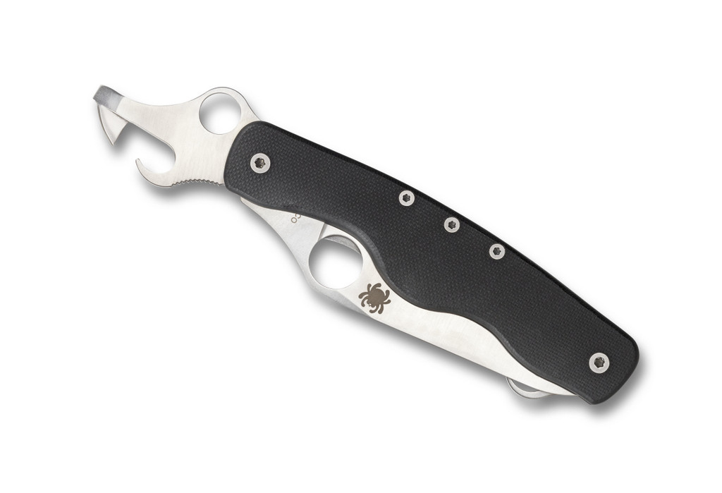 Spyderco Clipitool folding knife multitool with thumb hole - shown bottle opener open presentation side.  Satin 8Cr13MoV stainless steel plain edge blade.  Black G-10 handle.  Model C208GP.
