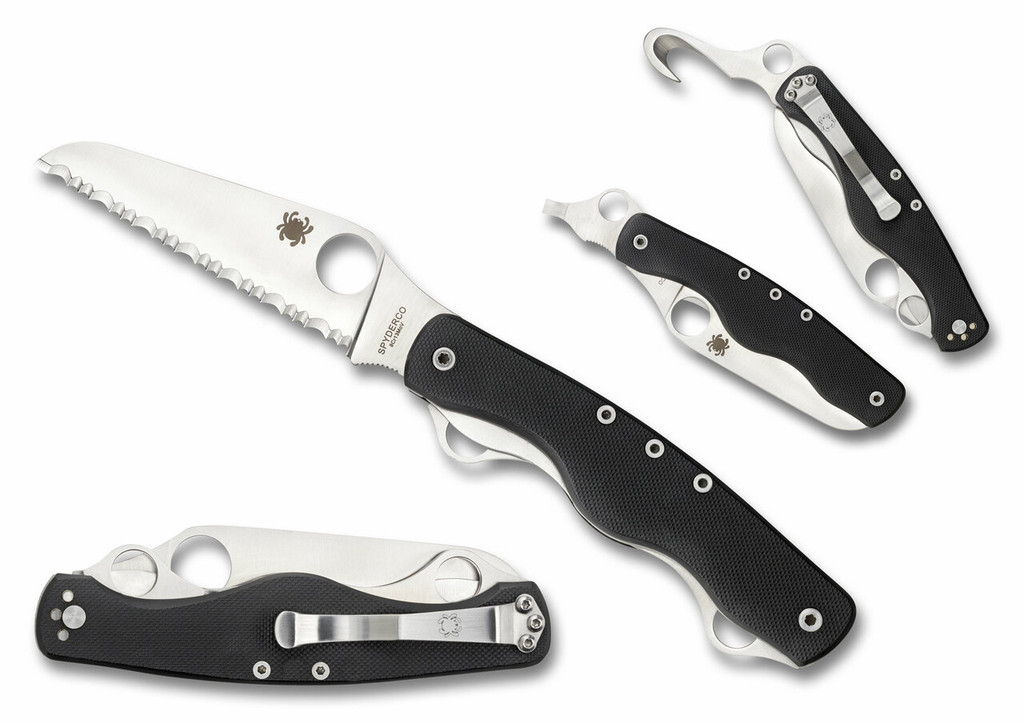 Spyderco Clipitool folding knife multitool with thumb hole - shown blade open presentation side, closed pocket clip side, screwdriver open presentation side, and seat belt cutter pocket clip side.  Satin 8Cr13MoV stainless steel serrated edge blade.  Black G-10 handle.  Model C209GS.
For reference only.