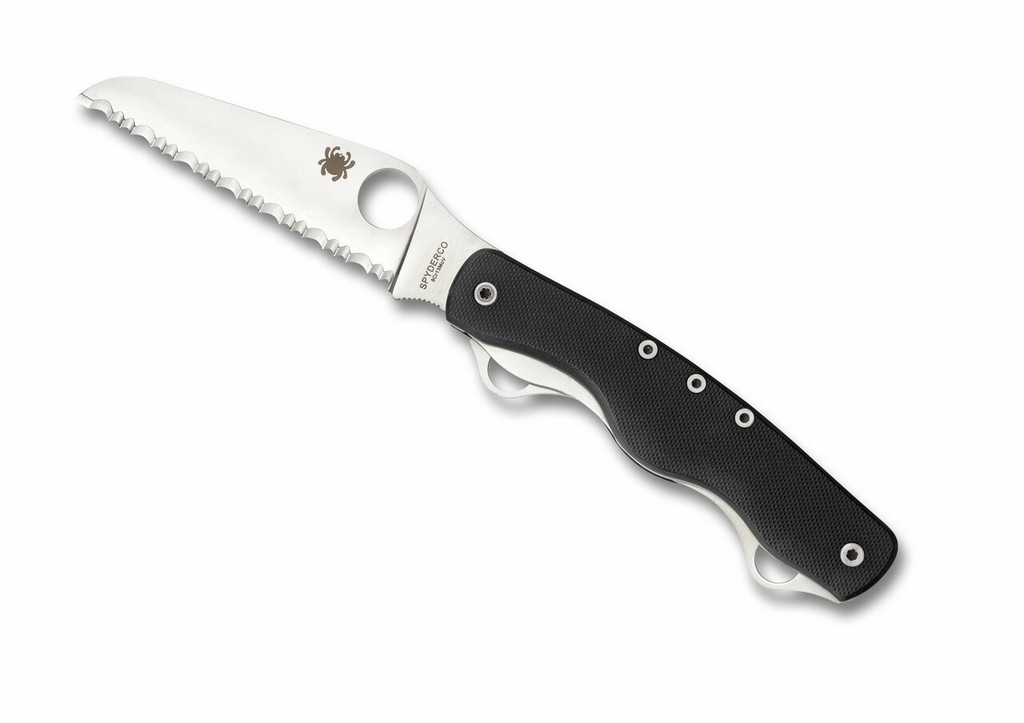 Spyderco Clipitool folding knife multitool with thumb hole - shown blade open presentation side.  Satin 8Cr13MoV stainless steel serrated edge blade.  Black G-10 handle.  Model C209GS.
For reference only.