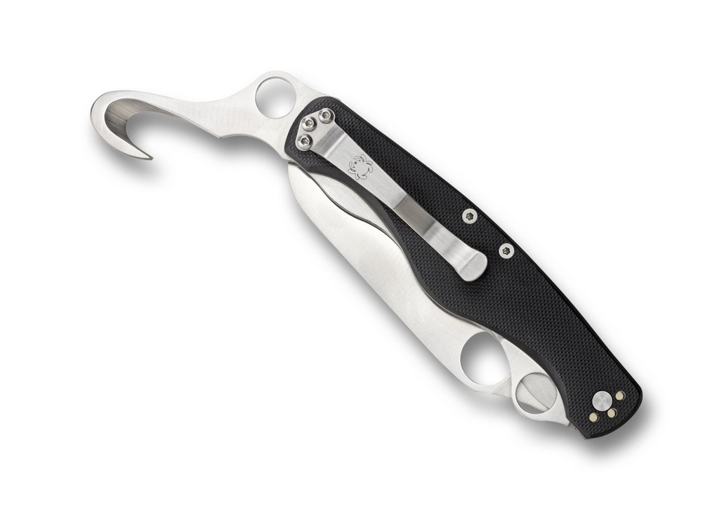 Spyderco Clipitool folding knife multitool with thumb hole - shown seat belt cutter pocket clip side.  Satin 8Cr13MoV stainless steel serrated edge blade.  Black G-10 handle.  Model C209GS.
For reference only.