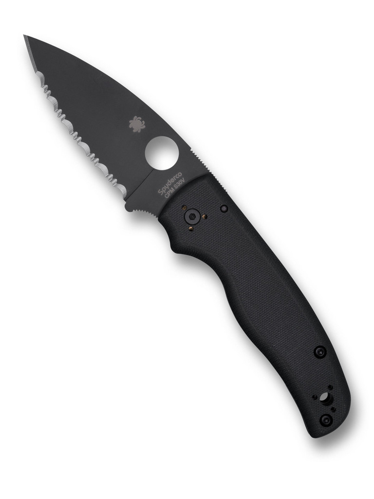 Spyderco Shaman folding knife with thumb hole - shown open presentation side.  Black S30V stainless steel serrated edge blade.  Black G-10 handle.  Model C229GSBK.