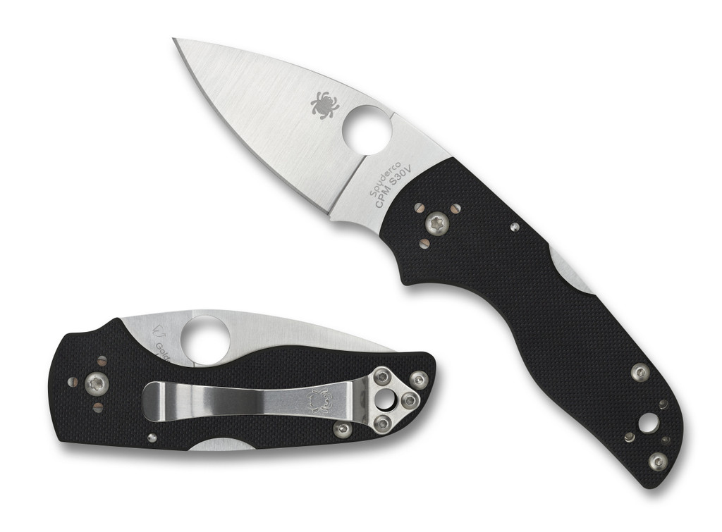 Spyderco Lil' Native Back Lock folding knife with thumb hole - shown open presentation side and closed pocket clip side.  Satin S30V stainless steel plain edge blade.  Black G-10 handle.  Model C230MBGP.