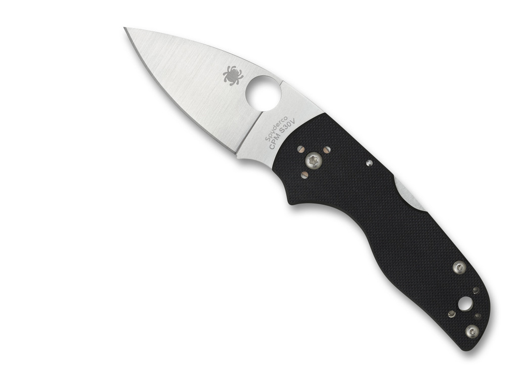 Spyderco Lil' Native Back Lock folding knife with thumb hole - shown open presentation side.  Satin S30V stainless steel plain edge blade.  Black G-10 handle.  Model C230MBGP.