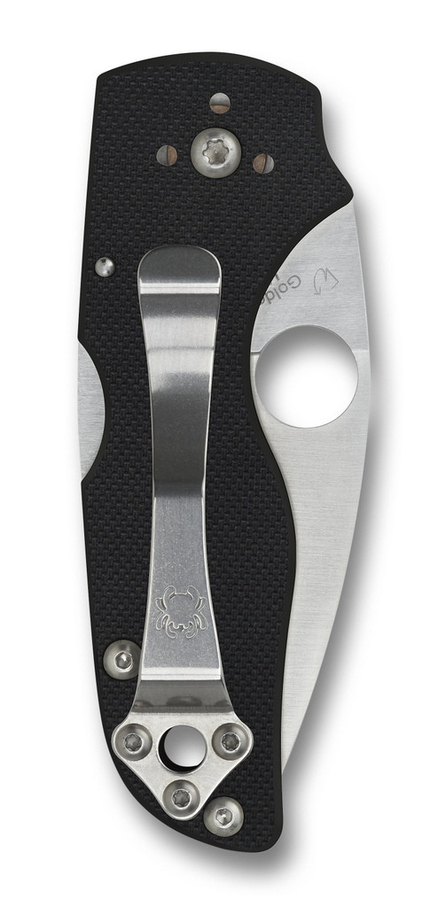 Spyderco Lil' Native Back Lock folding knife with thumb hole - shown closed pocket clip side.  Satin S30V stainless steel plain edge blade.  Black G-10 handle.  Model C230MBGP.