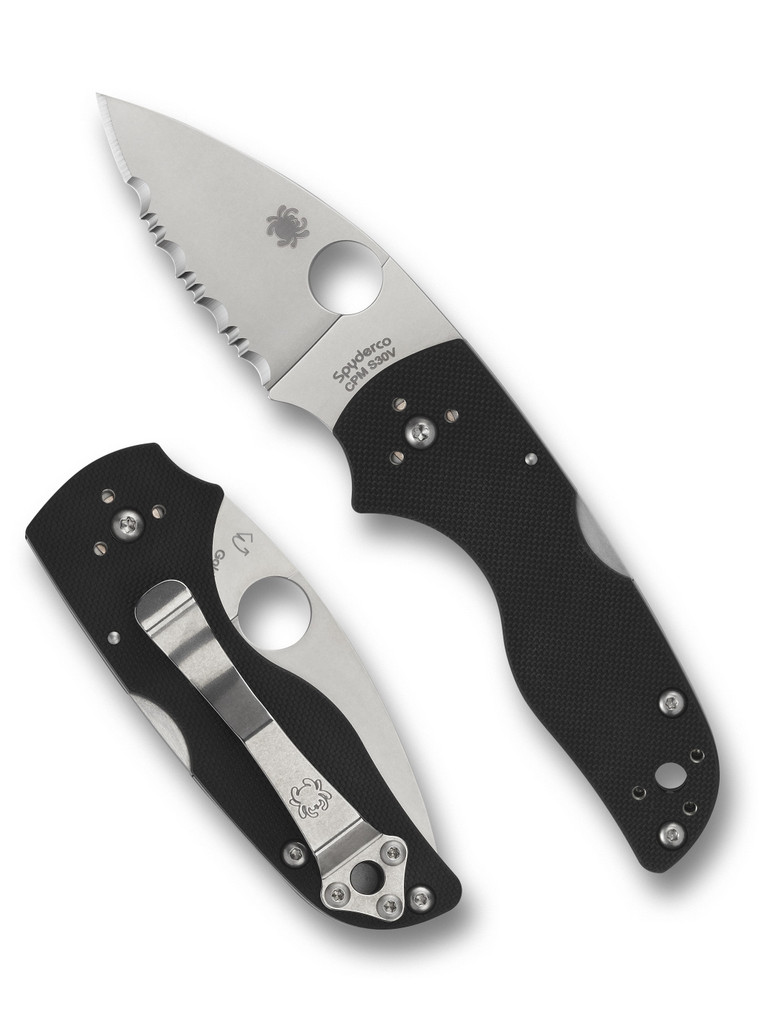 Spyderco Lil' Native Back Lock folding knife with thumb hole - shown open presentation side and closed pocket clip side.  Satin S30V stainless steel serrated edge blade.  Black G-10 handle.  Model C230MBGS.