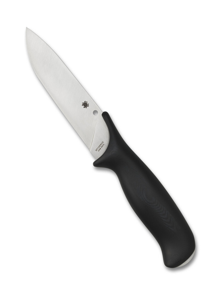 Spyderco Zoomer fixed blade knife - shown out of sheath obverse.  Satin 20CV stainless steel plain edge blade.  Black G-10 handle.  Model FB42GP.
