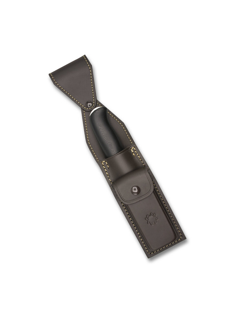 Spyderco Zoomer fixed blade knife - shown in sheath obverse.  Satin 20CV stainless steel plain edge blade.  Black G-10 handle.  Model FB42GP.