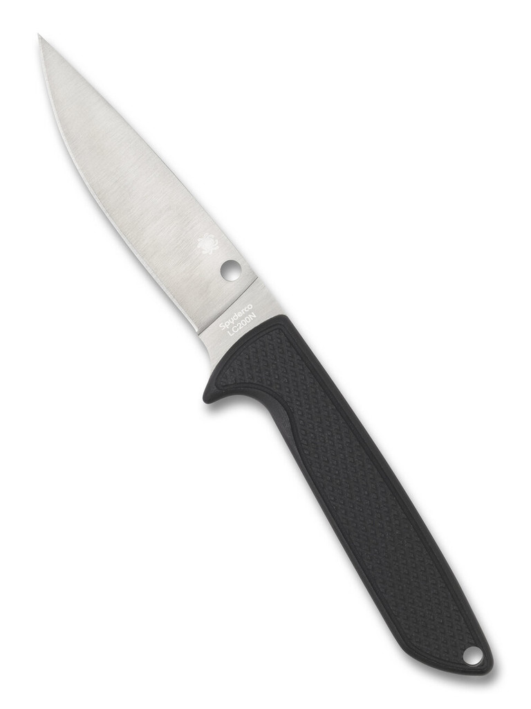 Spyderco Waterway fixed blade knife - shown out of sheath reverse.  Satin LC200N stainless steel plain edge blade.  Black G-10 handle.  Model FB43GP.