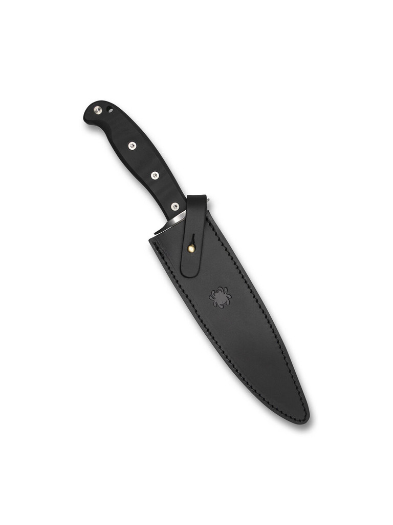 Spyderco Respect Bowie fixed blade knife - shown in sheath obverse.  Satin CPM-154 stainless steel plain edge blade.  Black G-10 handle.  Model FB44GP.