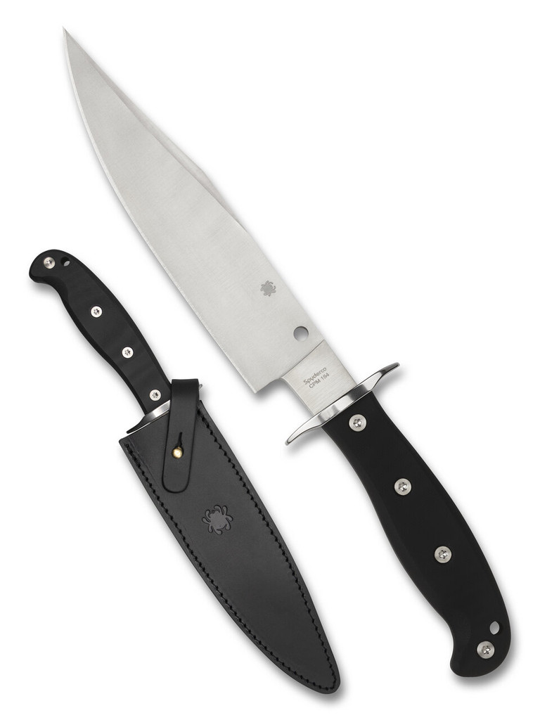 Spyderco Respect Bowie fixed blade knife - shown out of sheath reverse and in sheath obverse.  Satin CPM-154 stainless steel plain edge blade.  Black G-10 handle.  Model FB44GP.