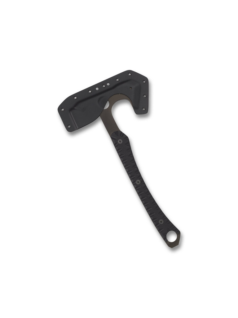 Spyderco Genzow Warrior Hawk tomahawk - shown in sheath obverse.  Black D2 steel plain edge head.  Black G-10 handle.  Model H03.