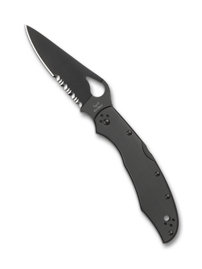 Byrd Cara Cara 2 folding knife with thumb slot - shown open presentation side.  Black 8Cr13MoV stainless steel combo edge blade.  Black stainless steel handle.  Model BY03BKPS2.