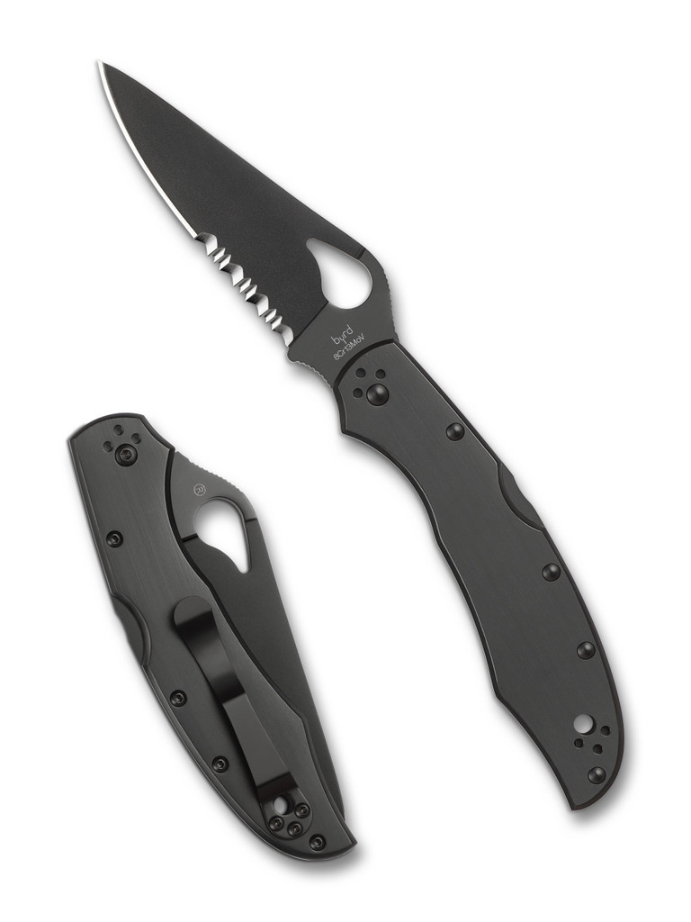Byrd Cara Cara 2 folding knife with thumb slot - shown both open presentation side and closed pocket clip side.  Black 8Cr13MoV stainless steel combo edge blade.  Black stainless steel handle.  Model BY03BKPS2.