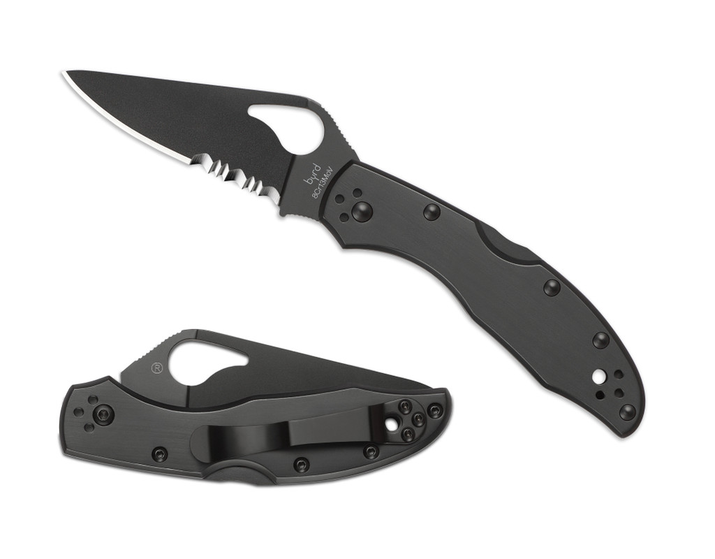 Byrd Knives Meadowlark 2 folding knife with thumb slot - shown both open presentation side and closed pocket clip side.  Black 8Cr13MoV stainless steel combo edge blade.  Black stainless steel handle.  Model BY04BKPS2.
