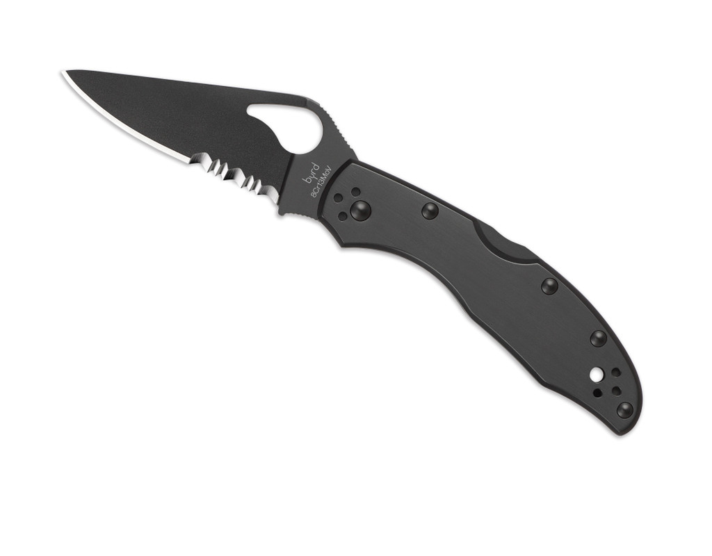 Byrd Knives Meadowlark 2 folding knife with thumb slot - shown open presentation side.  Black 8Cr13MoV stainless steel combo edge blade.  Black stainless steel handle.  Model BY04BKPS2.
