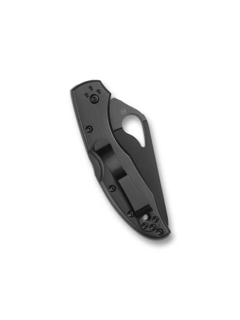 Byrd Knives Meadowlark 2 folding knife with thumb slot - shown closed pocket clip side.  Black 8Cr13MoV stainless steel combo edge blade.  Black stainless steel handle.  Model BY04BKPS2.
For reference only.