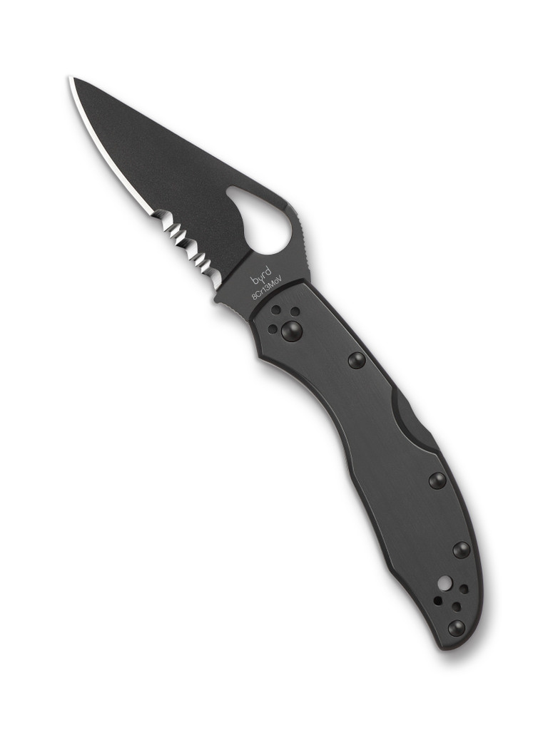 Byrd Knives Meadowlark 2 folding knife with thumb slot - shown open presentation side.  Black 8Cr13MoV stainless steel combo edge blade.  Black stainless steel handle.  Model BY04BKPS2.
For reference only.
