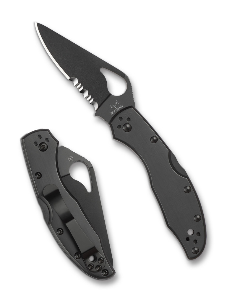 Byrd Knives Meadowlark 2 folding knife with thumb slot - shown both open presentation side and closed pocket clip side.  Black 8Cr13MoV stainless steel combo edge blade.  Black stainless steel handle.  Model BY04BKPS2.
For reference only.
