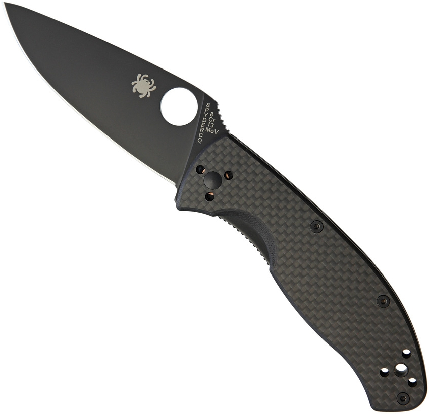 Spyderco Tenacious Blue Ridge Knives Exclusive folding knife with thumb hole - shown open presentation side.  Black 8Cr13MoV stainless steel plain edge blade.  Black carbon fiber handle.  C122CFBBKP.
For reference only.