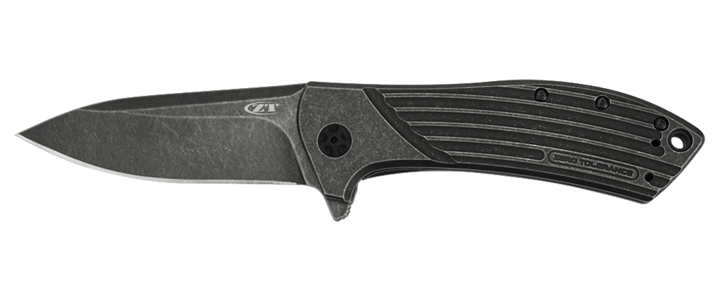 Zero Tolerance 0801BW folding knife with flipper tab - open - logo side.  Blackwash S35VN stainless steel plain edge blade.  Black titanium handle. Model 0801BW. 
For reference only.