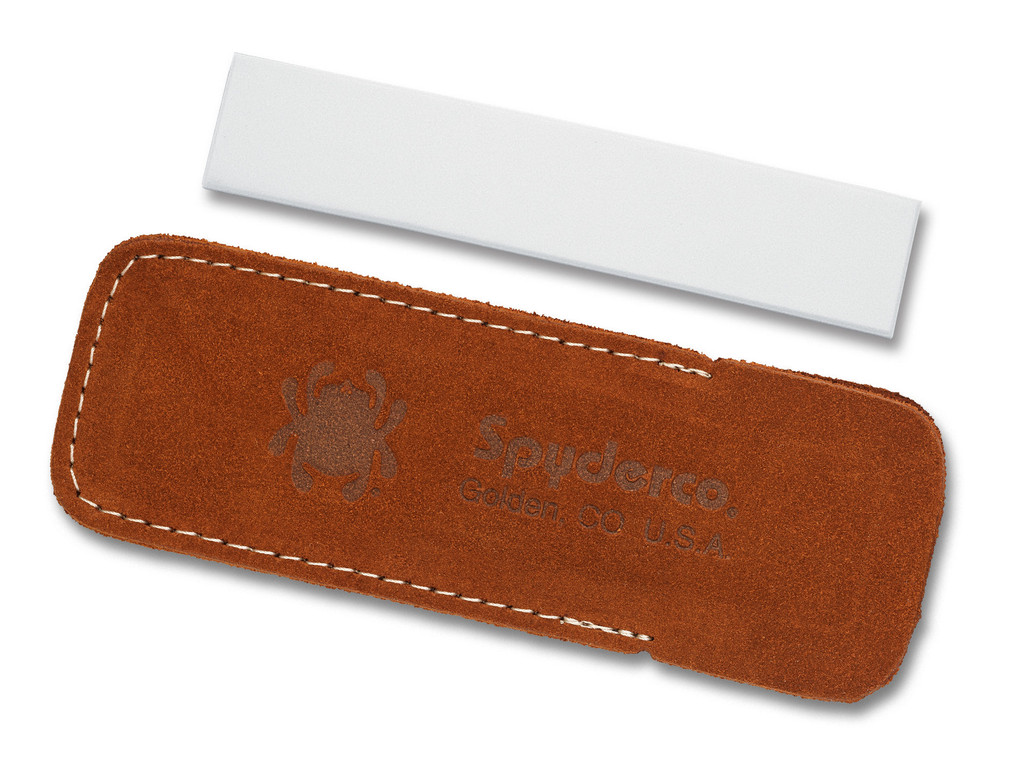 Spyderco Pocket Sharpening Stone - shown aside pouch.  White fine grit ceramic stone.  Model 303F.