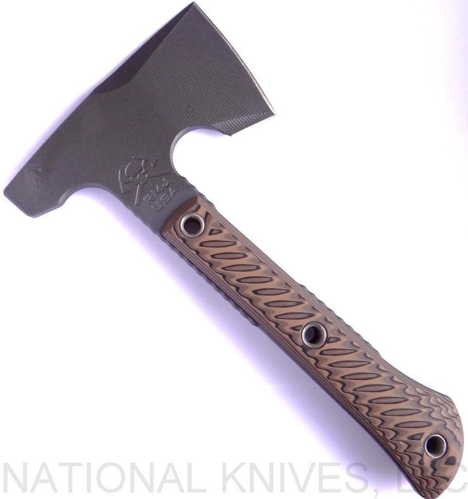 RMJ Tactical Mini Jenny Hammer Pole tomahawk - shown out of sheath obverse.  Tungsten Cerakote 80CRV2 steel plain edge head.  Hyena Brown G-10 handle.  
For reference only.