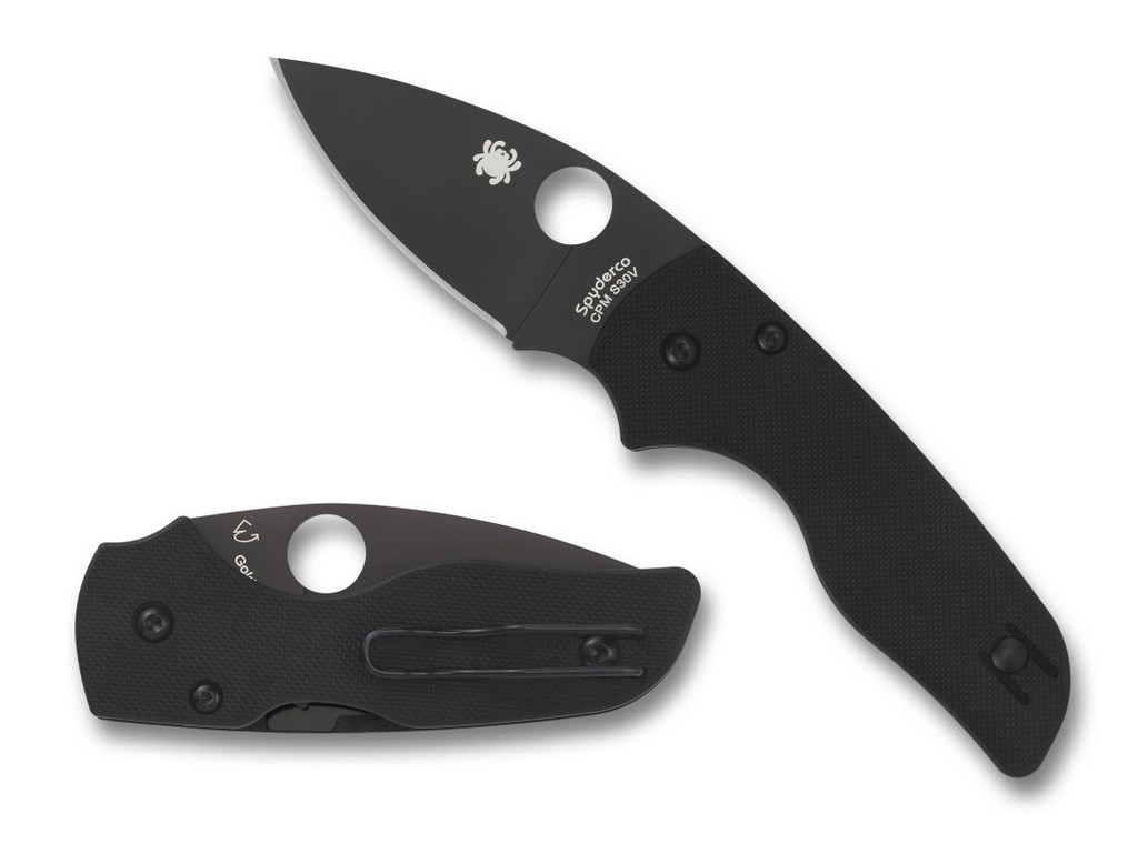 Spyderco Lil' Native folding knife with thumb hole - shown open presentation side and closed pocket clip side.  Black S30V stainless steel plain edge blade.  Black G-10 handle.  Model C230GPBBK.