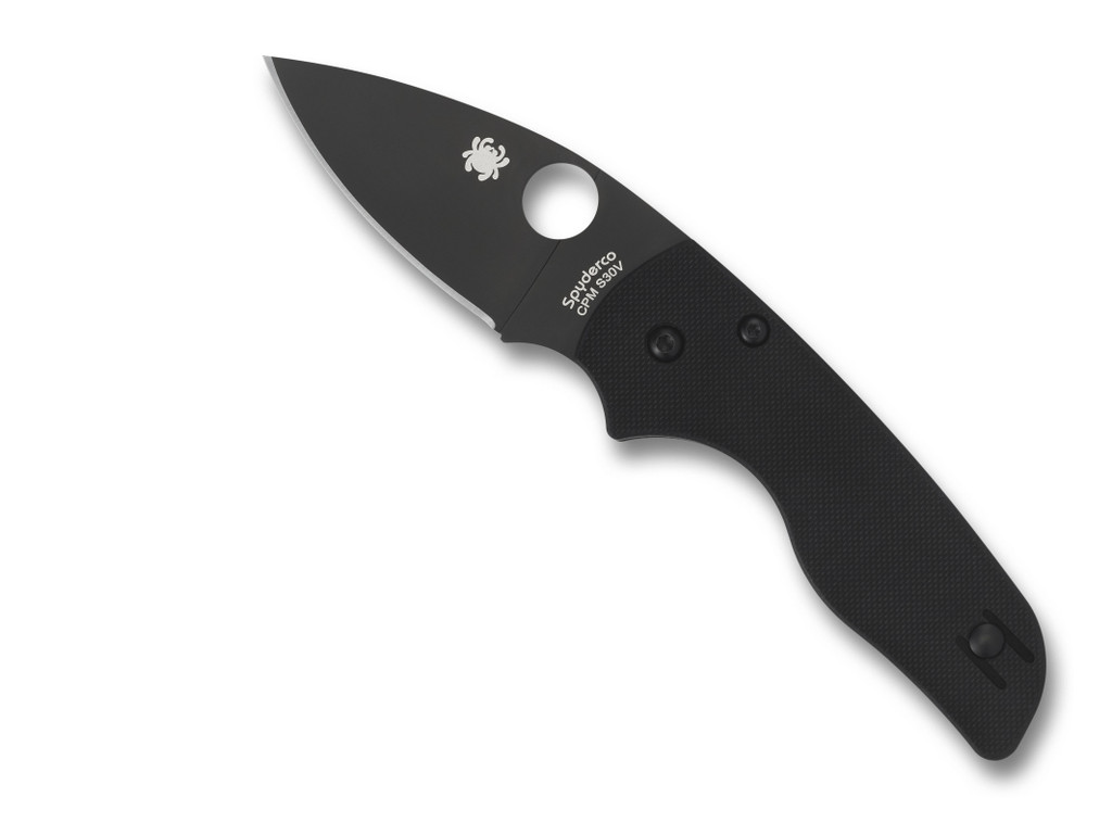 Spyderco Lil' Native folding knife with thumb hole - shown open presentation side.  Black S30V stainless steel plain edge blade.  Black G-10 handle.  Model C230GPBBK.