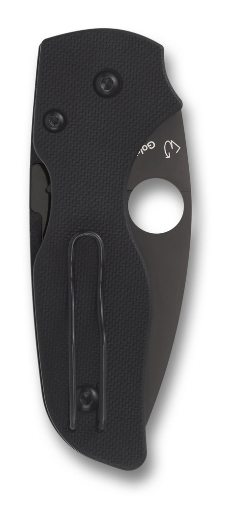 Spyderco Lil' Native folding knife with thumb hole - shown closed pocket clip side.  Black S30V stainless steel plain edge blade.  Black G-10 handle.  Model C230GPBBK.