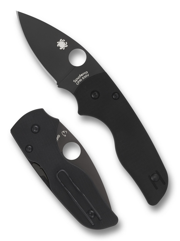 Spyderco Lil' Native folding knife with thumb hole - shown open presentation side and closed pocket clip side.  Black S30V stainless steel plain edge blade.  Black G-10 handle.  Model C230GPBBK.