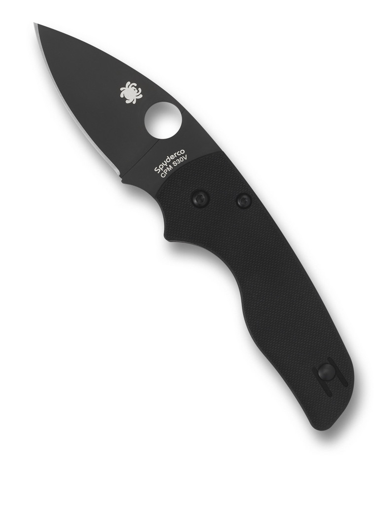 Spyderco Lil' Native folding knife with thumb hole - shown open presentation side.  Black S30V stainless steel plain edge blade.  Black G-10 handle.  Model C230GPBBK.