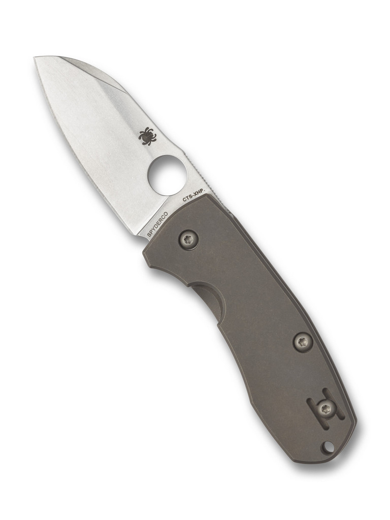 Spyderco Techno 2 folding knife with thumb hole - shown open presentation side.  CTS-XHP stainless steel plain edge blade. Titanium handle.  Model C158TIP2.