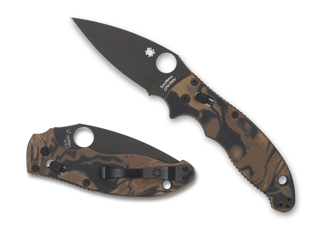 Spyderco Manix 2 Back Lock Sprint Run folding knife with thumb hole - shown both open presentation side and closed pocket clip side.  S90V stainless steel plain edge blade.  Black and brown burled G-10 handle.  Model C101MGPBRBBK2.
For reference only.