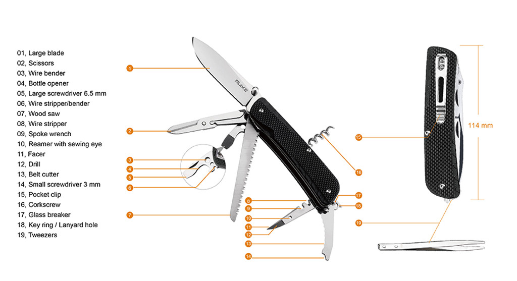 Ruike Knives Trekker LD42-B Multitool 3.4" Blade 19 Functions Black G-10 Handle