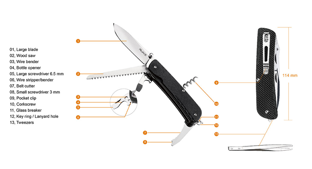 Ruike Knives Trekker LD32-B Multitool 3.4" Blade 13 Functions Black G-10 Handle