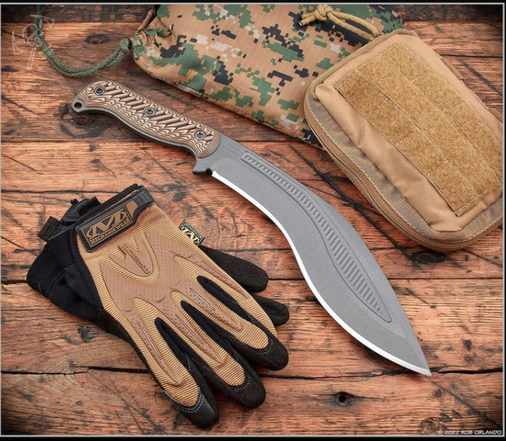 RMJ Tactical Kukri fixed blade knife - shown out of sheath obverse.  Tungsten Cerakote 80CRV2 steel plain edge blade.  Hyena Brown G-10 handle.  Model K-KU-TU-HB.